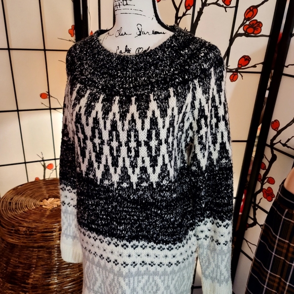 MERONA HEAVY CARDIGAN KNIT "SKI SWEATER" IN BLACK WHITE GREY DESIGNED ART - Picture 10 of 10